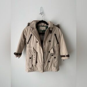 Burberry Kids Trench Coat Jacket Beige Fur Hood Nova Check Lining Size 5Y 110cm
